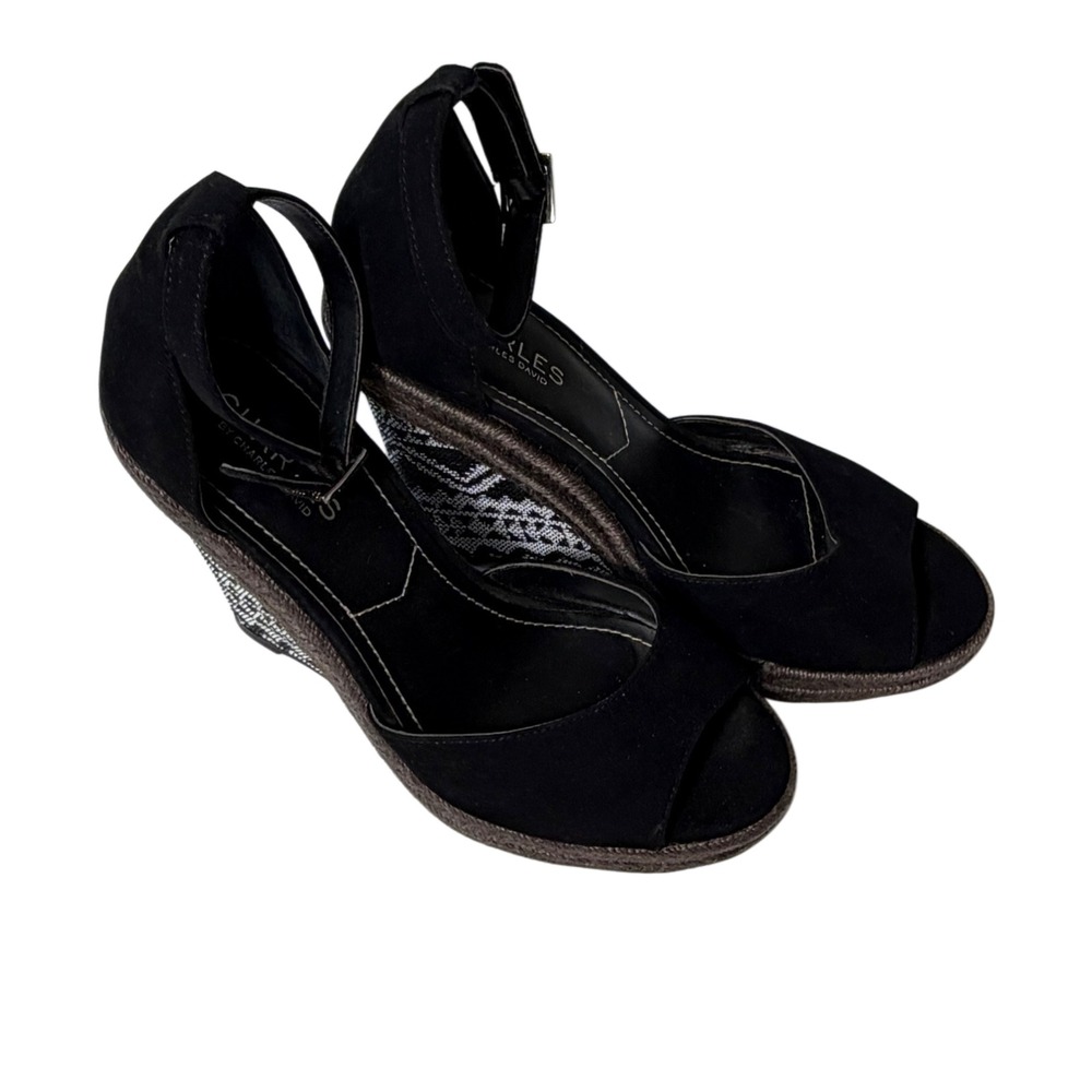Charles David Black Suede Geometric Espadrille Wedge Sandals Size 8M